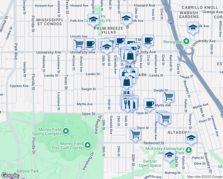 map of restaurants, bars, coffee shops, grocery stores, and more near 3568 Granada Avenue in San Diego