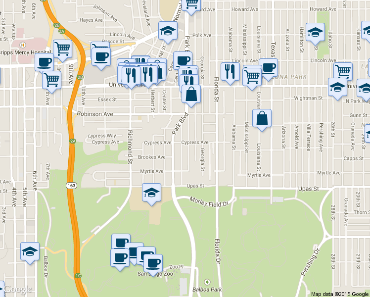 map of restaurants, bars, coffee shops, grocery stores, and more near 3611 Park Boulevard in San Diego