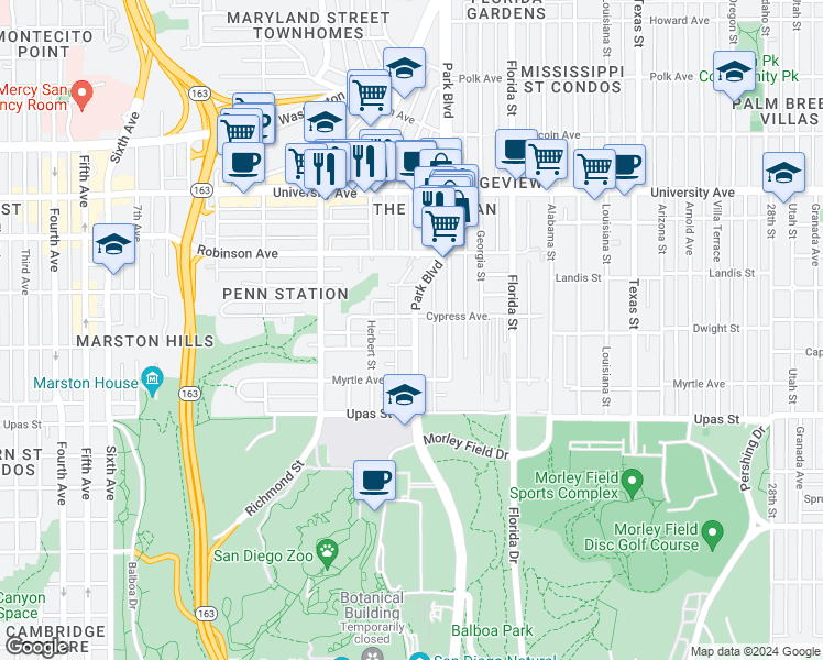 map of restaurants, bars, coffee shops, grocery stores, and more near 3611 Park Boulevard in San Diego