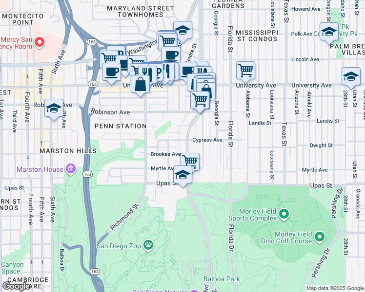 map of restaurants, bars, coffee shops, grocery stores, and more near 1624 Brookes Avenue in San Diego