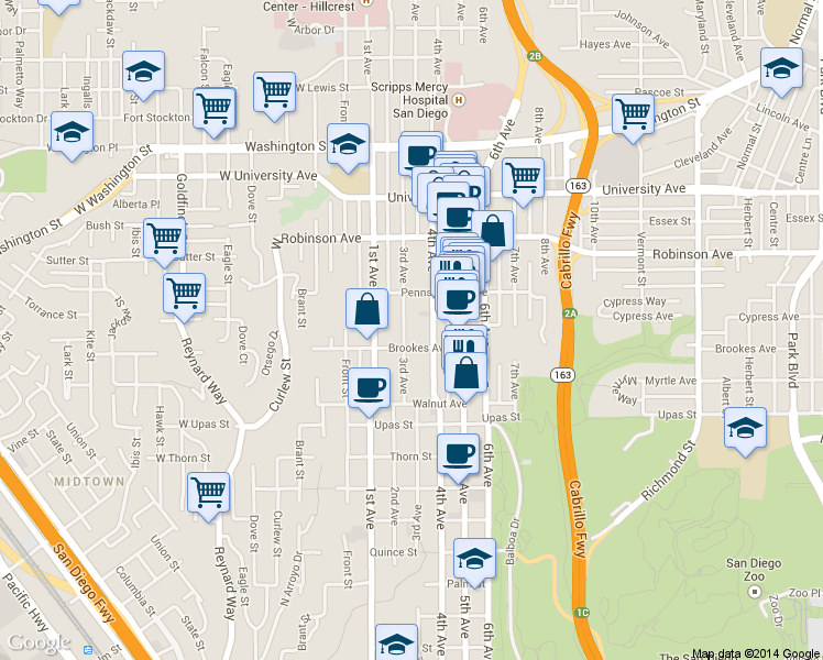 map of restaurants, bars, coffee shops, grocery stores, and more near in San Diego