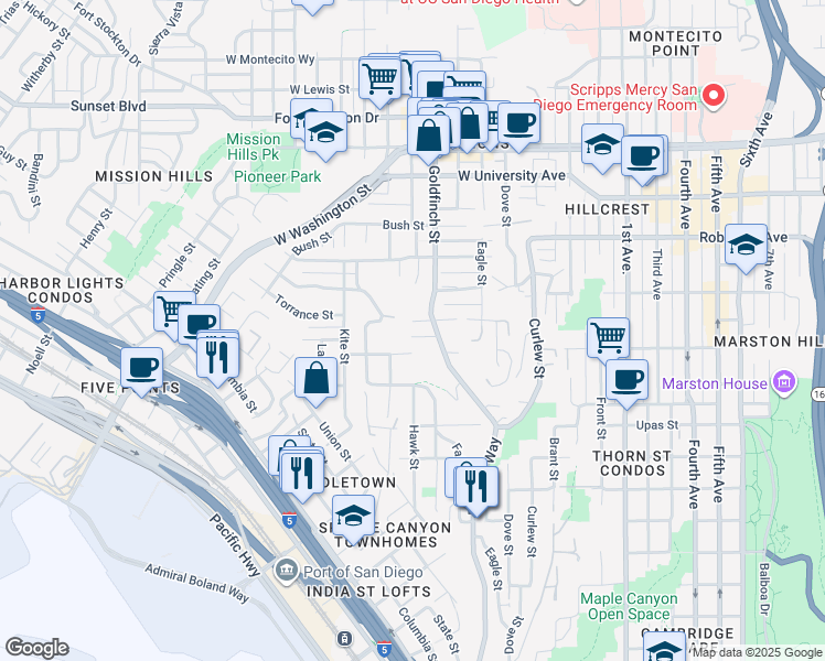map of restaurants, bars, coffee shops, grocery stores, and more near 1002 West Brookes Avenue in San Diego