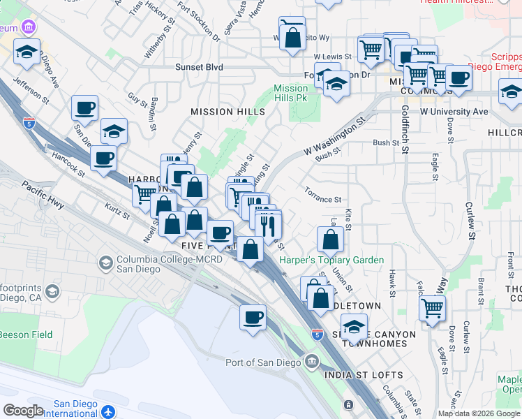 map of restaurants, bars, coffee shops, grocery stores, and more near 3719 Columbia Street in San Diego