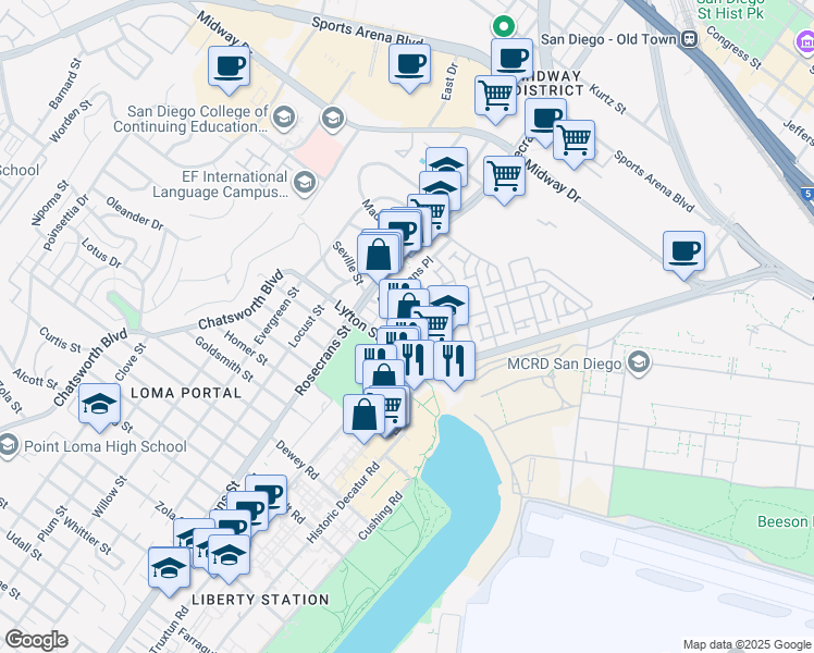 map of restaurants, bars, coffee shops, grocery stores, and more near 3031 Saint Charles Street in San Diego