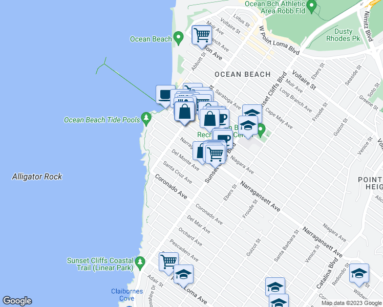 map of restaurants, bars, coffee shops, grocery stores, and more near 4921 Del Monte Avenue in San Diego