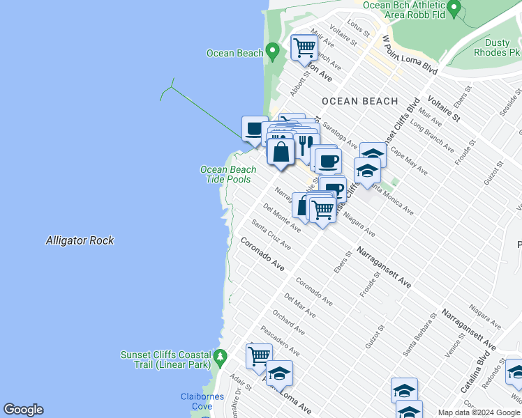 map of restaurants, bars, coffee shops, grocery stores, and more near 4982 Santa Cruz Avenue in San Diego