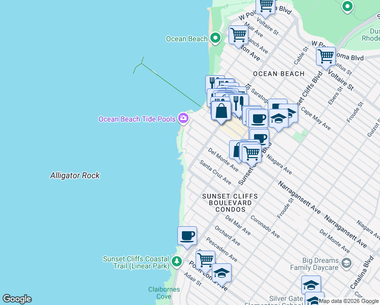 map of restaurants, bars, coffee shops, grocery stores, and more near 5018 Santa Cruz Avenue in San Diego