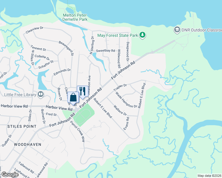 map of restaurants, bars, coffee shops, grocery stores, and more near 530 Trapier Drive in Charleston