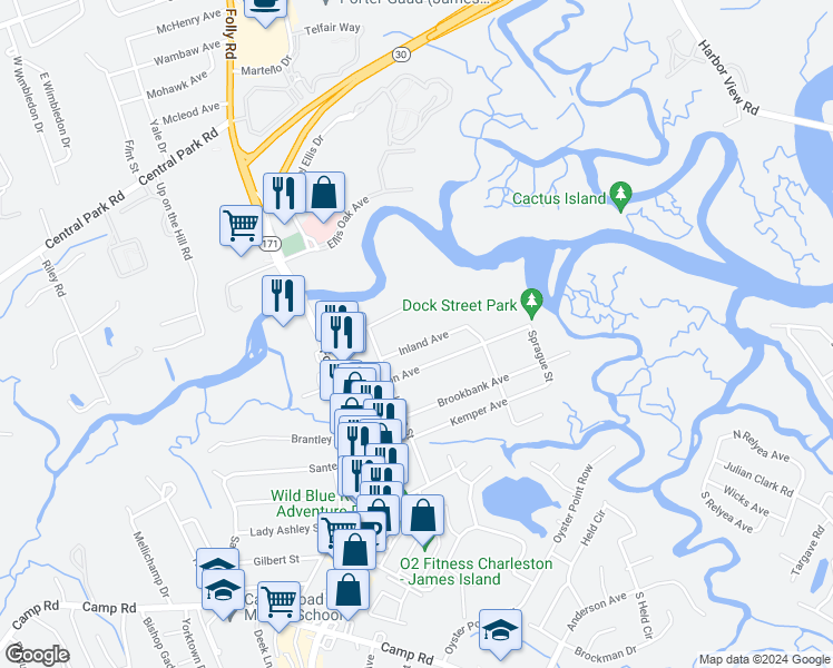 map of restaurants, bars, coffee shops, grocery stores, and more near 1535 Inland Avenue in Charleston