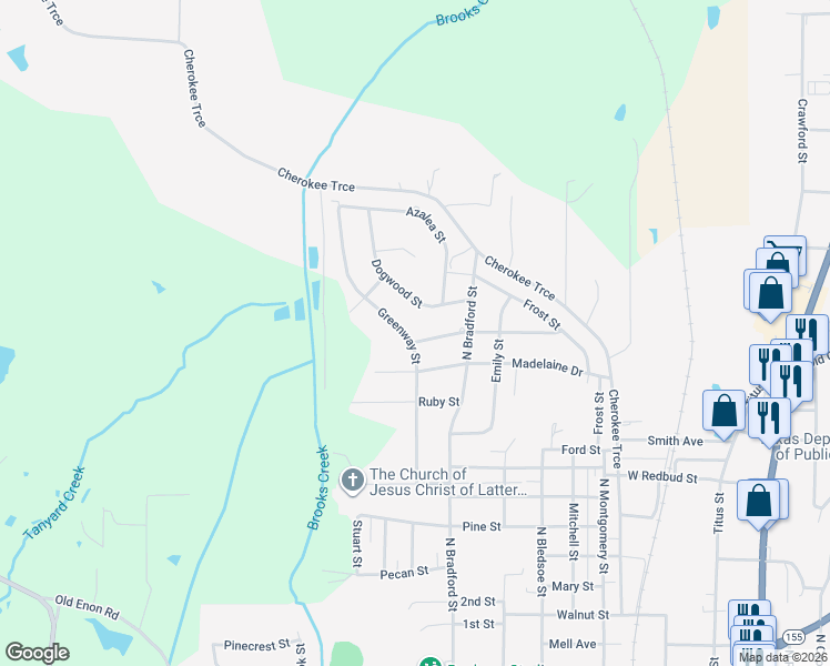 map of restaurants, bars, coffee shops, grocery stores, and more near 1503 Greenway Street in Gilmer