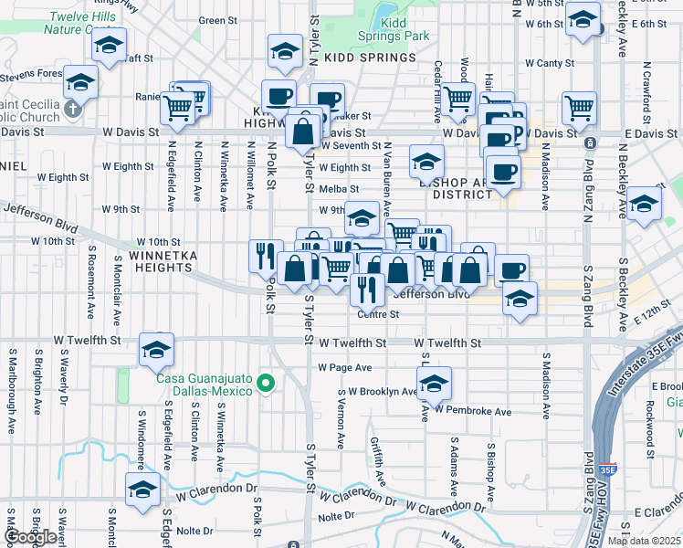 map of restaurants, bars, coffee shops, grocery stores, and more near 801d Jefferson Boulevard in Dallas