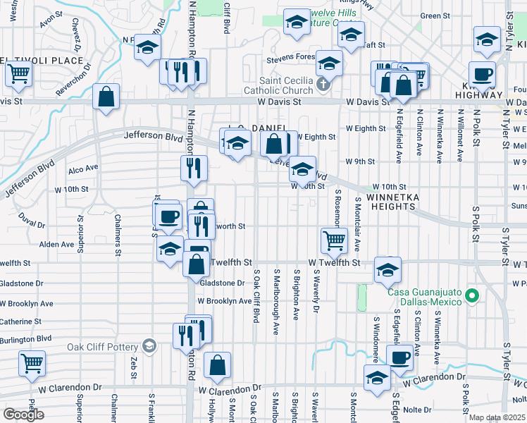 map of restaurants, bars, coffee shops, grocery stores, and more near 219 South Marlborough Avenue in Dallas