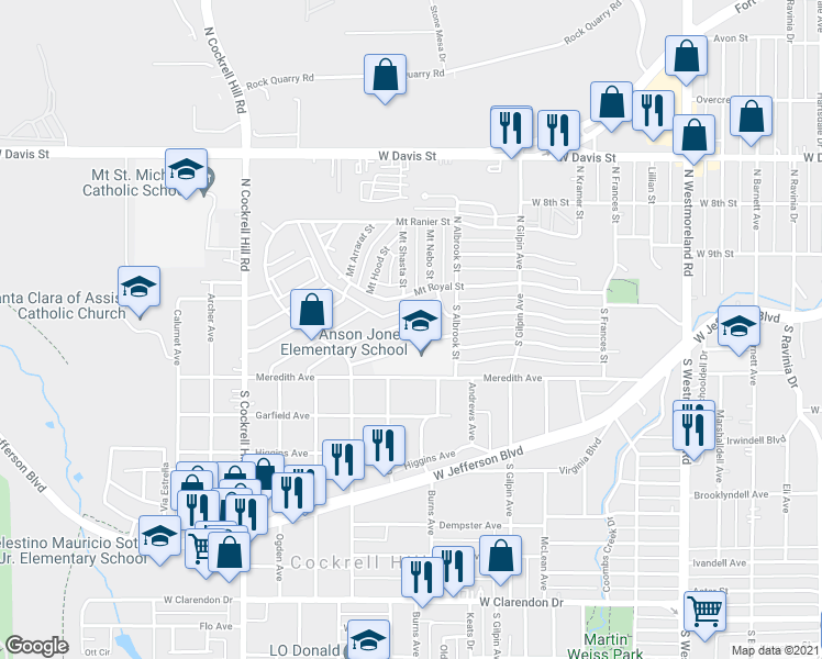map of restaurants, bars, coffee shops, grocery stores, and more near 3947 Mather Court in Dallas