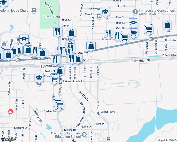 map of restaurants, bars, coffee shops, grocery stores, and more near 304 Southeast 12th Street in Grand Prairie