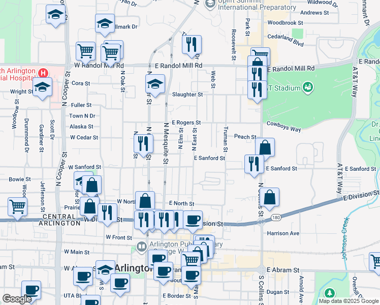 map of restaurants, bars, coffee shops, grocery stores, and more near 507 North Elm Street in Arlington