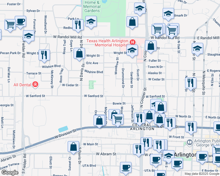 map of restaurants, bars, coffee shops, grocery stores, and more near 709 Magnolia Street in Arlington