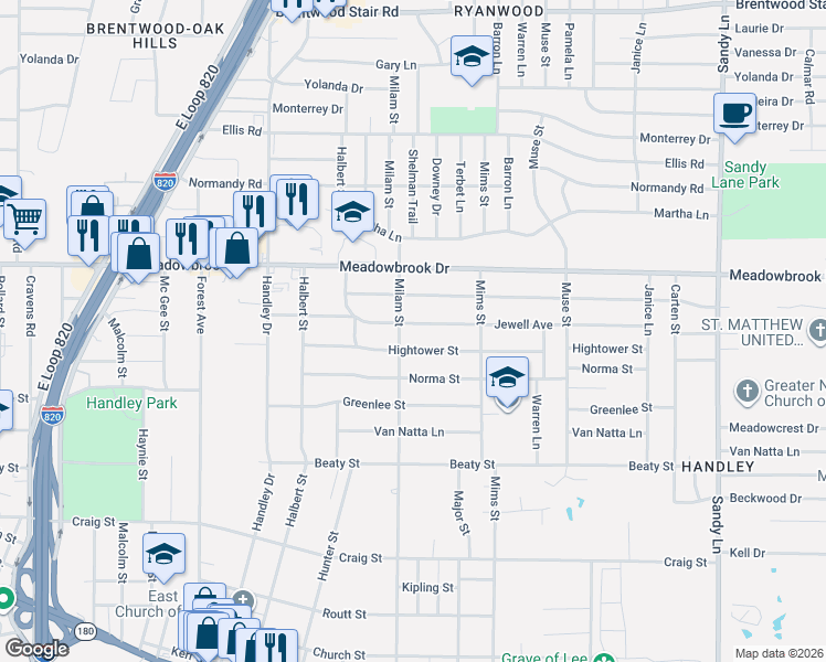 map of restaurants, bars, coffee shops, grocery stores, and more near 6909 Hightower Street in Fort Worth
