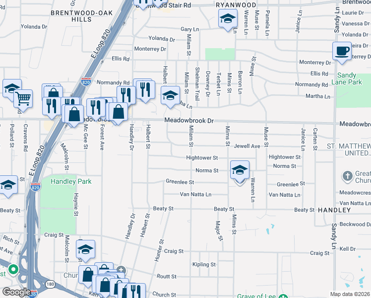 map of restaurants, bars, coffee shops, grocery stores, and more near 6825 Hightower Street in Fort Worth