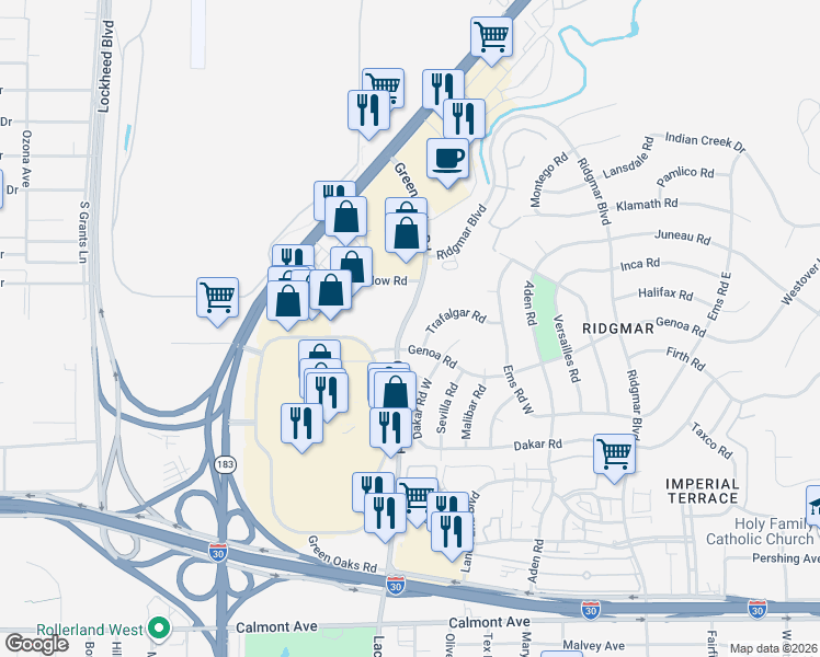 map of restaurants, bars, coffee shops, grocery stores, and more near 1500 Mall Circle in Fort Worth