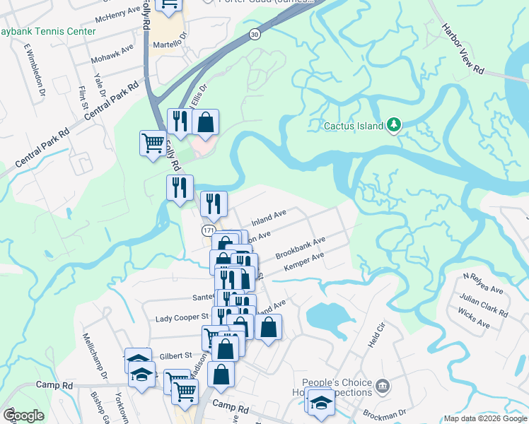 map of restaurants, bars, coffee shops, grocery stores, and more near 1535 Inland Avenue in Charleston