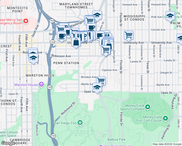 map of restaurants, bars, coffee shops, grocery stores, and more near 3625 Herbert Street in San Diego
