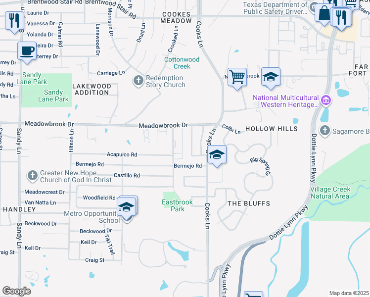 map of restaurants, bars, coffee shops, grocery stores, and more near 2329 Meadowbrook Gardens Drive in Fort Worth