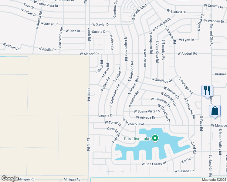 map of restaurants, bars, coffee shops, grocery stores, and more near 15011 South Diablo Road in Arizona City