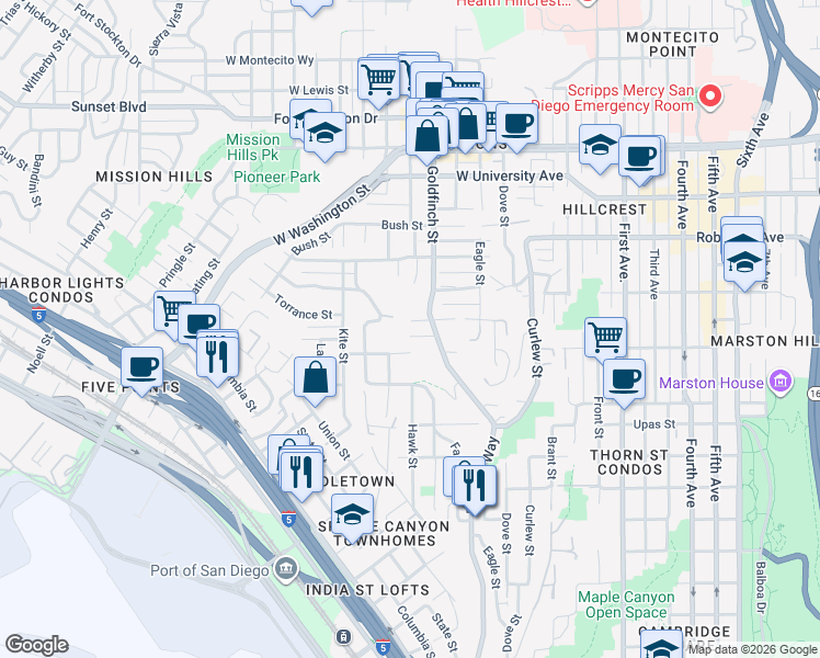 map of restaurants, bars, coffee shops, grocery stores, and more near 1002 West Brookes Avenue in San Diego