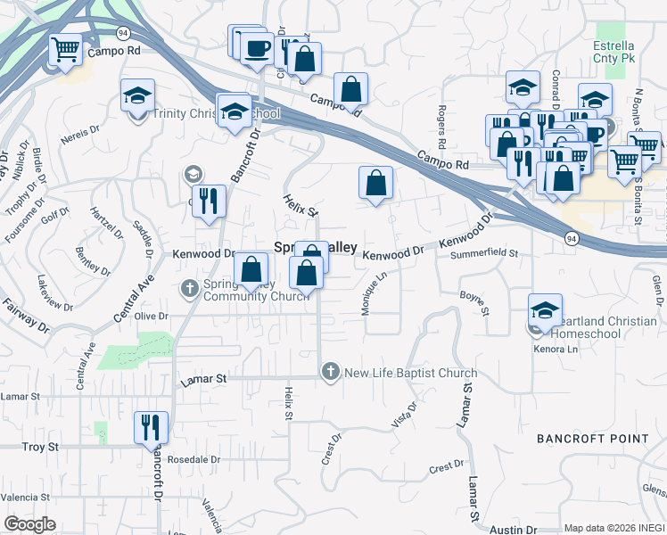 map of restaurants, bars, coffee shops, grocery stores, and more near 3423 Helix Street in Spring Valley