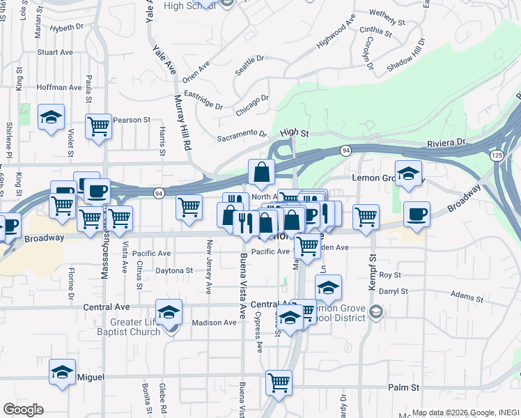 map of restaurants, bars, coffee shops, grocery stores, and more near 7663 Lemon Avenue in Lemon Grove