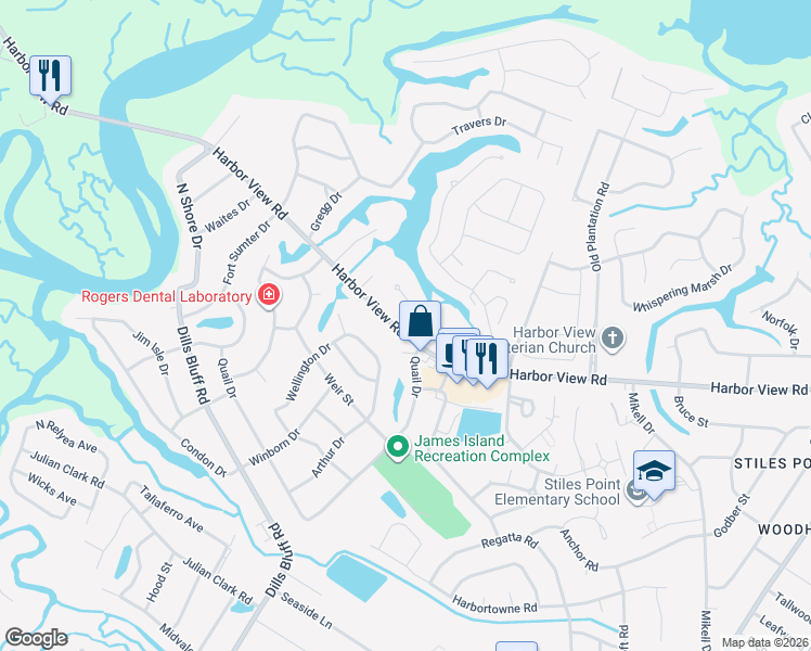 map of restaurants, bars, coffee shops, grocery stores, and more near 1026 Harbor View Road in Charleston