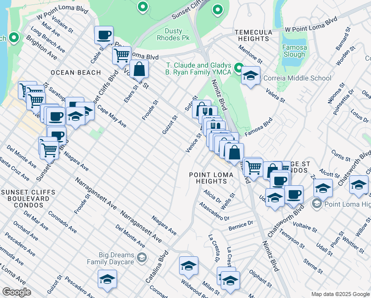 map of restaurants, bars, coffee shops, grocery stores, and more near 4408 Brighton Avenue in San Diego
