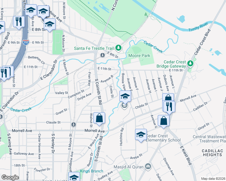 map of restaurants, bars, coffee shops, grocery stores, and more near 541 Faulk Street in Dallas