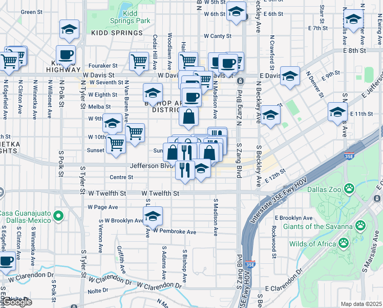 map of restaurants, bars, coffee shops, grocery stores, and more near 359 Jefferson Boulevard in Dallas
