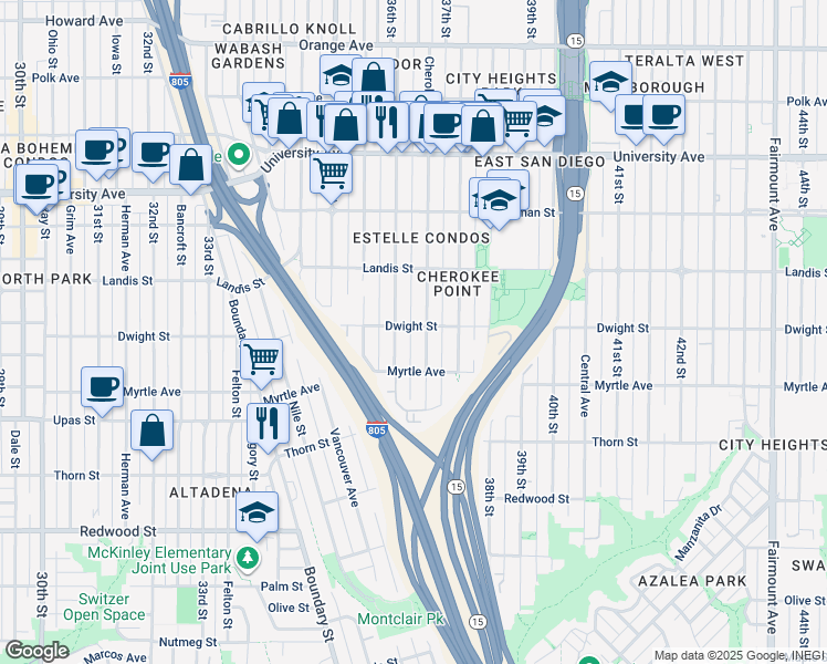 map of restaurants, bars, coffee shops, grocery stores, and more near 3627 Dwight Street in San Diego