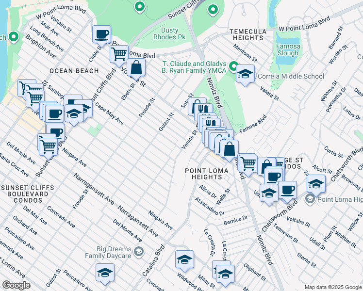 map of restaurants, bars, coffee shops, grocery stores, and more near 4408 Brighton Avenue in San Diego