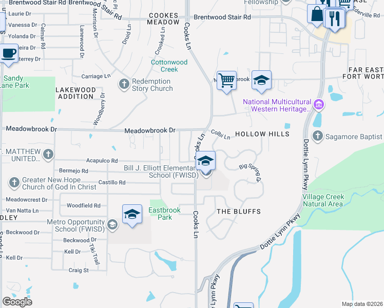 map of restaurants, bars, coffee shops, grocery stores, and more near 2341 Ash Grove Trail in Fort Worth
