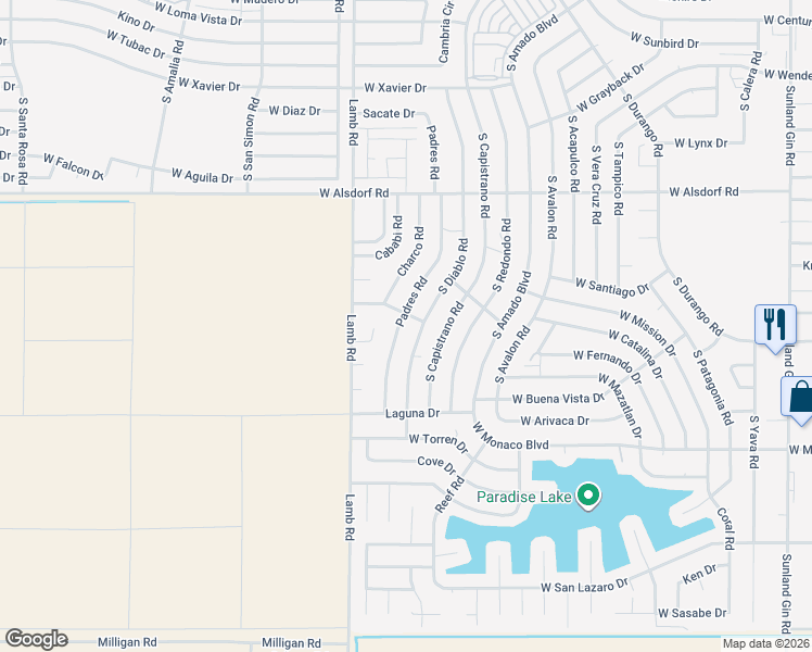 map of restaurants, bars, coffee shops, grocery stores, and more near 15020 Padres Road in Arizona City