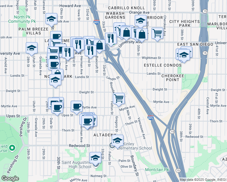 map of restaurants, bars, coffee shops, grocery stores, and more near 3623 Boundary Street in San Diego