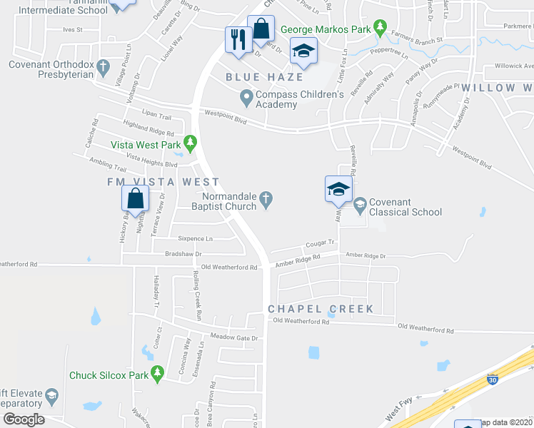 map of restaurants, bars, coffee shops, grocery stores, and more near 2001 Chapel Creek Boulevard in Fort Worth
