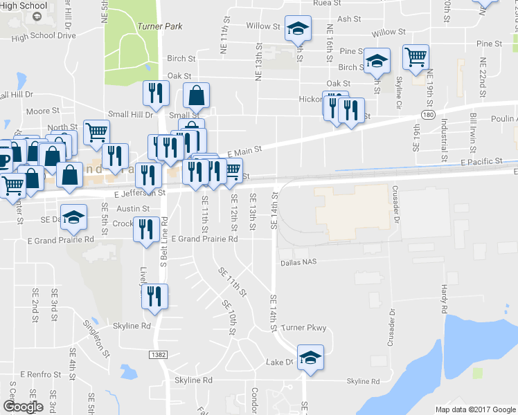 map of restaurants, bars, coffee shops, grocery stores, and more near 300 Southeast 13th Street in Grand Prairie