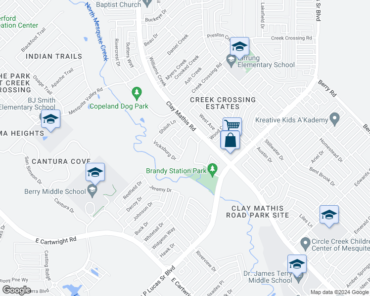 map of restaurants, bars, coffee shops, grocery stores, and more near 2405 Pittsburg Landing in Mesquite