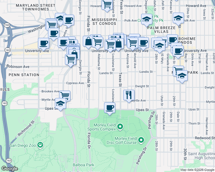 map of restaurants, bars, coffee shops, grocery stores, and more near 3583 Mississippi Street in San Diego