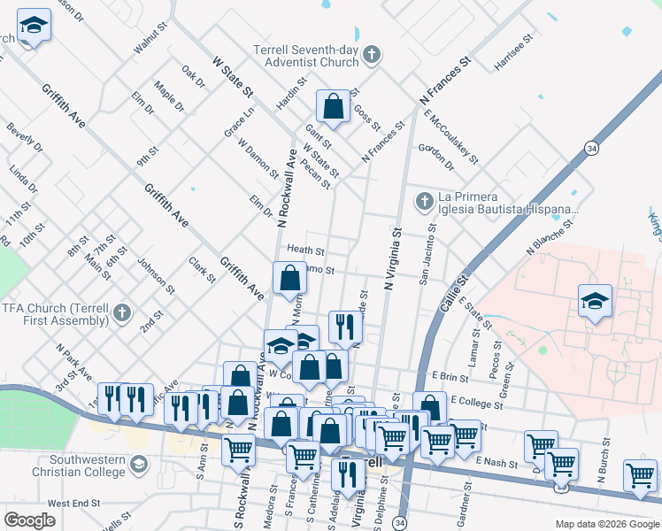 map of restaurants, bars, coffee shops, grocery stores, and more near 616 North Catherine Street in Terrell