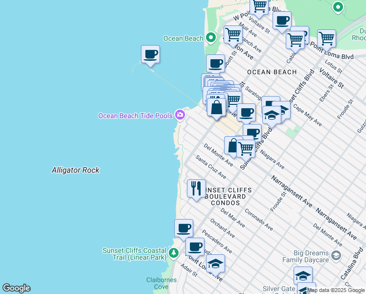 map of restaurants, bars, coffee shops, grocery stores, and more near 5039 Santa Cruz Ave in San Diego