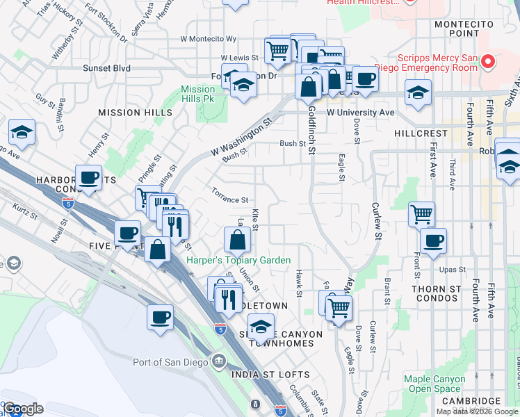 map of restaurants, bars, coffee shops, grocery stores, and more near 3635 Kite Street in San Diego