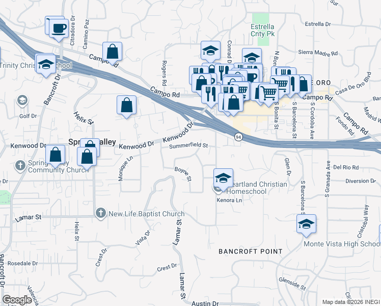 map of restaurants, bars, coffee shops, grocery stores, and more near 3574 Quail View Street in Spring Valley