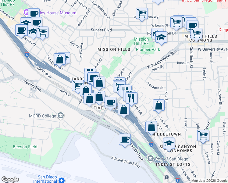 map of restaurants, bars, coffee shops, grocery stores, and more near 1806 McKee Street in San Diego