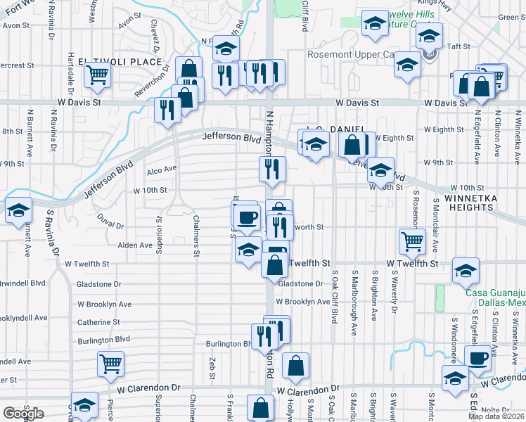 map of restaurants, bars, coffee shops, grocery stores, and more near 234 South Hampton Road in Dallas