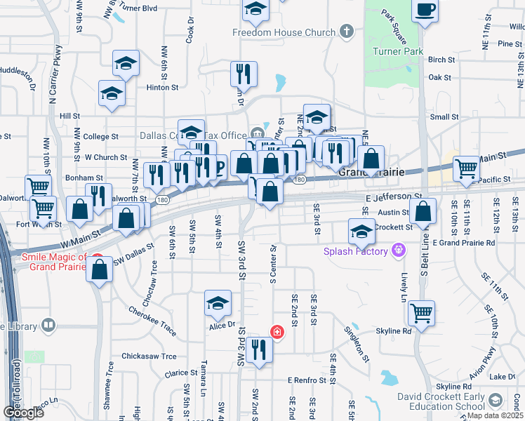 map of restaurants, bars, coffee shops, grocery stores, and more near 128 Southwest Dallas Street in Grand Prairie